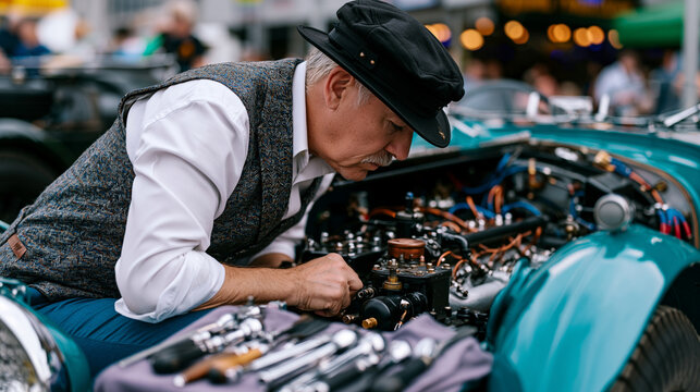 Over-the-shoulder perspective of a vintage car rally judge crouching beside a prewar engine compartment inspecting original components, chrome tools arranged on a cloth, concours detail judging in a