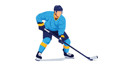 Fototapeta premium Ice hockey player in blue and yellow uniform holding a hockey stick in an athletic defensive stance on ice.