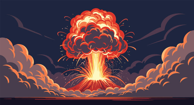 Dramatic volcanic or nuclear explosion showing a massive mushroom cloud of smoke and fire against a dark sky.