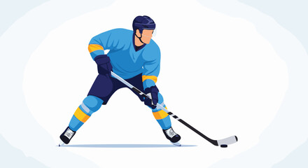 Fototapeta premium Professional ice hockey player in blue uniform sliding on the ice with a stick while controlling the black puck.