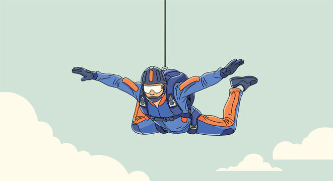Experienced skydiver wearing safety gear and helmet gliding through the air with arms outstretched, vector illustration.