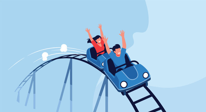Happy young couple screaming with joy while riding a thrilling roller coaster on a sunny day, vector illustration.