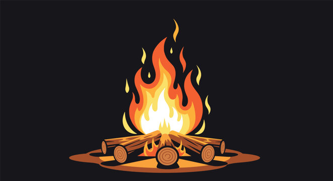 Burning campfire with bright orange flames on wooden logs against a dark background, vector illustration.