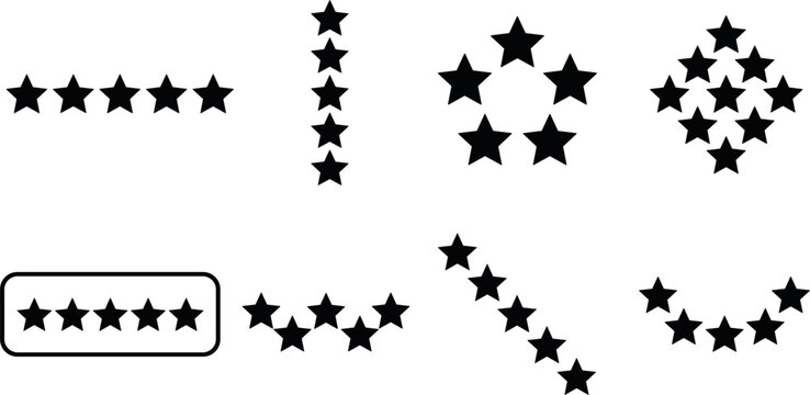 Five Star Rating and Review Icon Set Featuring Various Geometric Formats Including Horizontal, Vertical, Circle, Diamond, Diagonal, and Arc Shapes Vector IllustrationFive Star Rating and Review Icon S