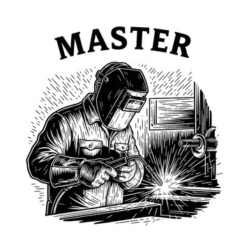 Professional master welder working with a welding torch vector illustration for industrial logo design