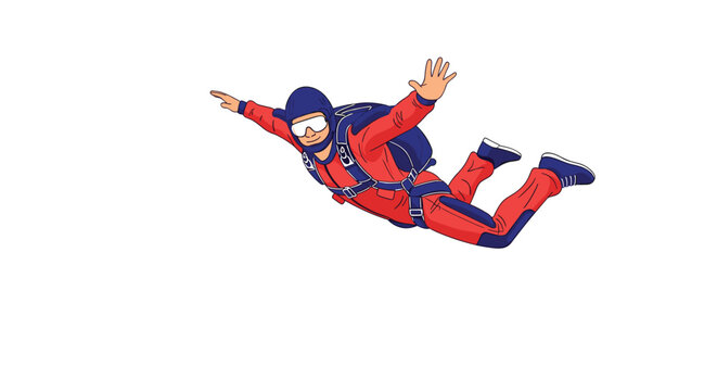 Adventurous skydiver wearing a bright red and blue flight suit gliding safely through the air, vector illustration.