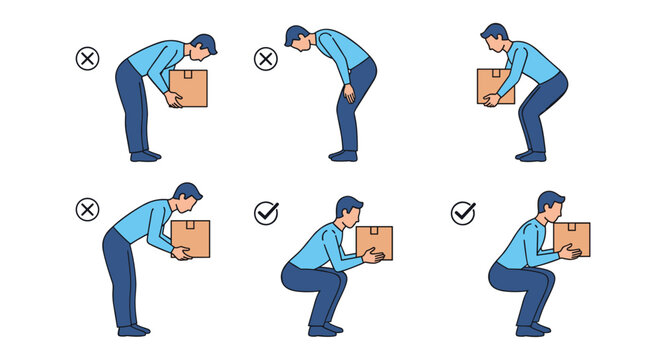 Ergonomics educational diagram illustrating correct and incorrect posture techniques for lifting heavy cardboard boxes.