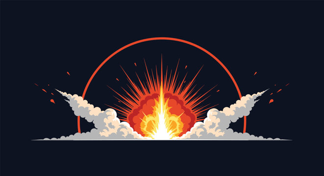 Dramatic cartoon explosion featuring bright orange flames a shockwave ring and large billowing clouds of white smoke.