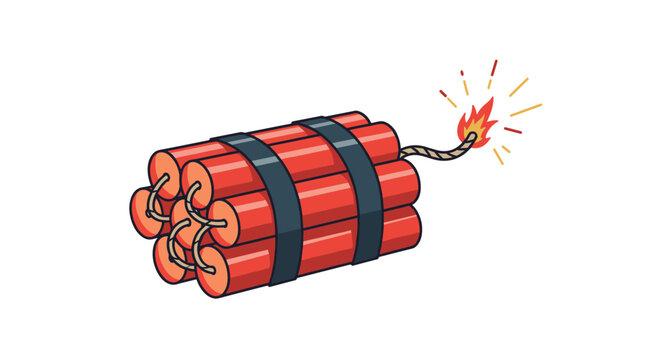 Bundle of red dynamite sticks with a burning fuse and explosive sparks isolated on a clean white background.