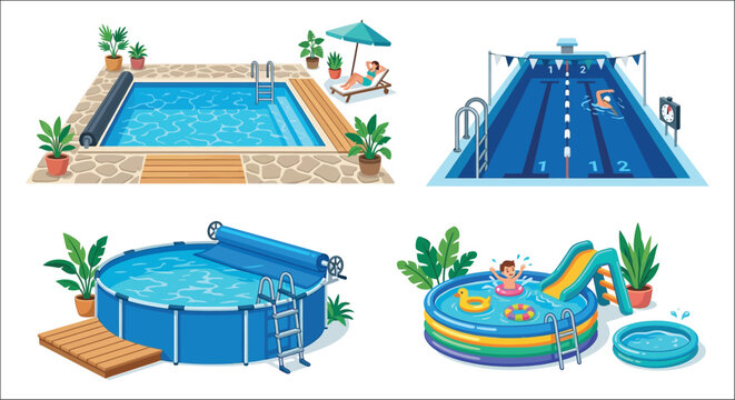 Swimming Pools Illustration With People Covers And Surrounding Landscape