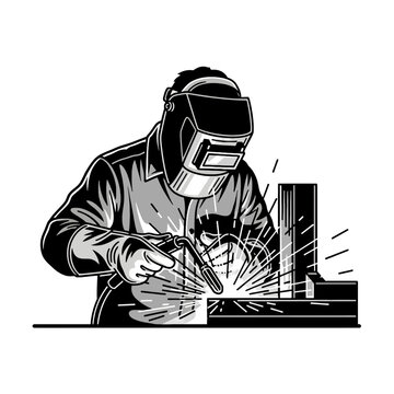 Industrial welder working with a welding torch vector illustration in black and white retro style