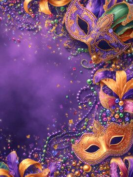 Vertical Mardi Gras carnival background with masks, beads, ribbons and confetti, elegant purple copy space for party design for marketing, blogs and social media design