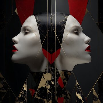 Two stylized, marble-textured female profiles face opposite directions, connected by a geometric, black and red abstract background with gold accents.