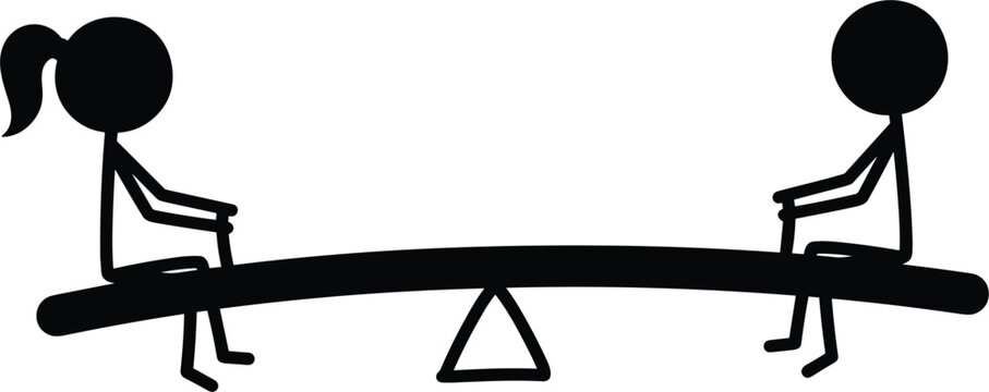 Two children stick figures playing together on a seesaw teeter totter board isolated vector graphic outline illustration
