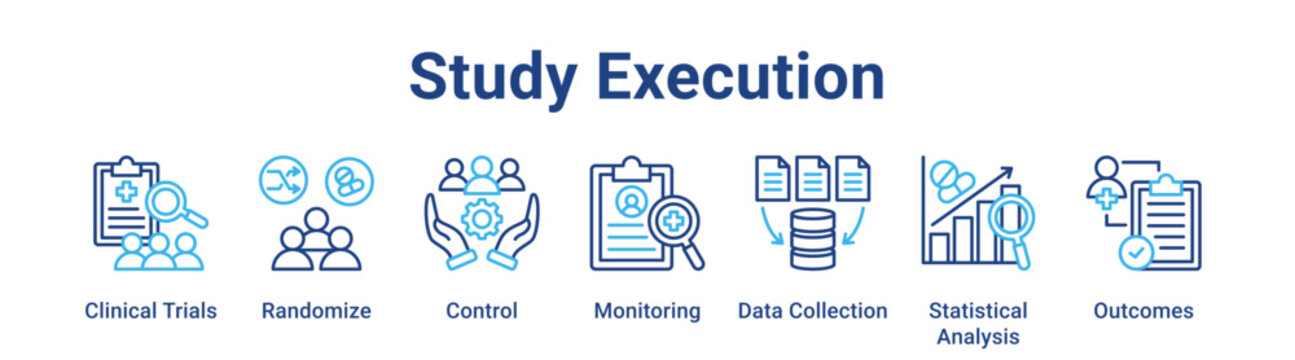 Study Execution web banner icon vector illustration concept for education with icon of Clinical Trials, Randomize, Control, Monitoring, Data Collection, Statistical.