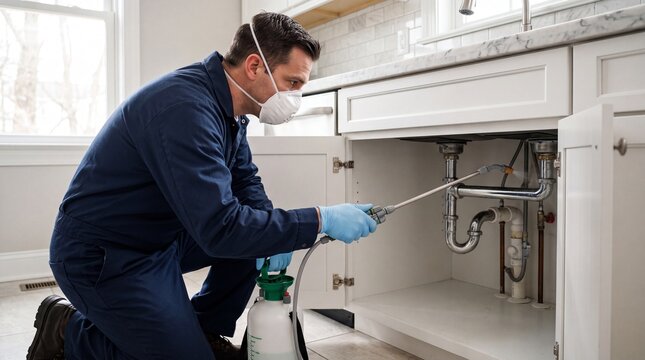 A professional pest control technician wearing protective gear and a mask, spraying insecticide under a kitchen sink to eliminate household pests.
