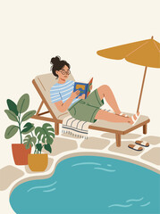 Obraz premium Woman relaxing on lounge chair reading book beside swimming pool