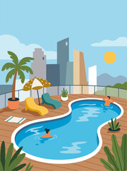Fototapeta premium Rooftop Infinity Pool with City Skyline and People Swimming at Sunset