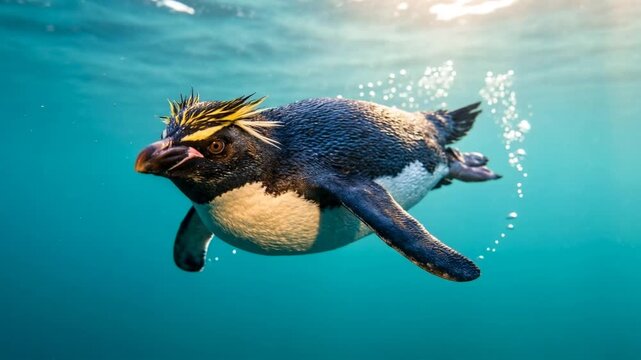 crested penguin swimming underwater close up antarctica video