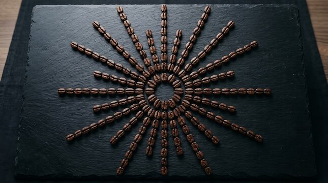 Black and white coffee beans arranged in a sunburst pattern on a dark rustic wooden table surface. roasting guide template