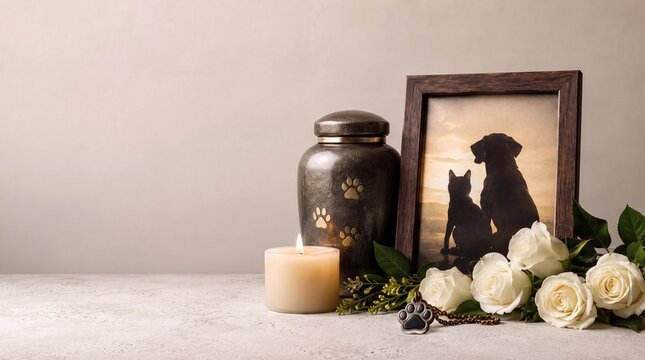 A touching pet memorial scene featuring a cremation urn with paw prints, a photo of a dog and cat, a lit candle, and white roses to honor a lost companion.