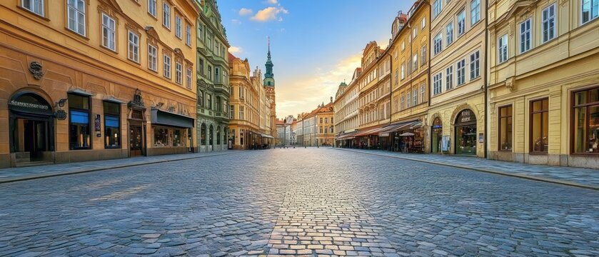 Historic city street sunrise cobblestone road old town architecture