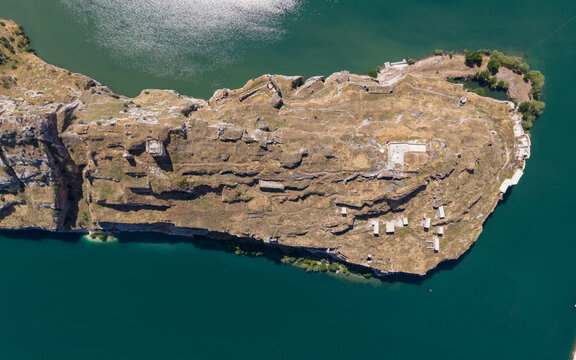 Aerial View of Rumkale Historic Fortress Surrounded by the Euphrates River in Gaziantep, Turkey