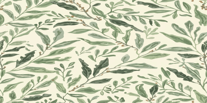 Seamless Vintage Floral Leaf Pattern with Green Branches and Botanical Flowers Vector Illustration for Nature Wallpaper Textile Decoration and Ornamental Background Design