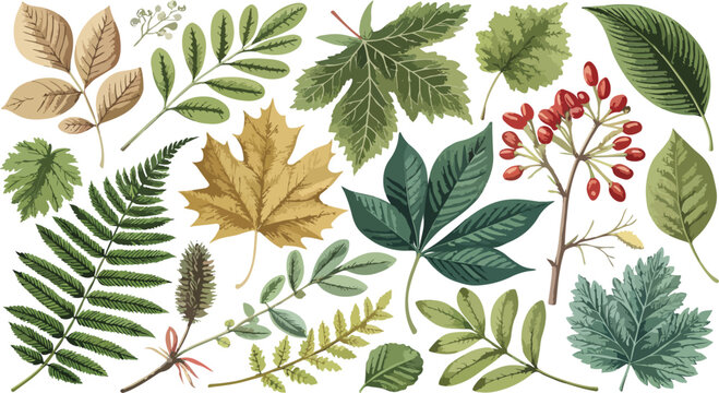 Botanical Leaf Vector Set Maple Oak Ginkgo Fern Walnut Holly Collection