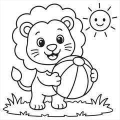 Obraz premium Cute Cartoon Lion Holding Heart in Sunny Meadow Illustration