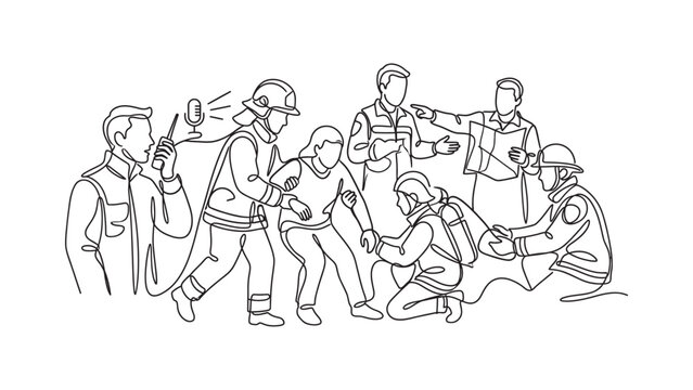 Continuous line drawing of emergency response team assisting injured people.