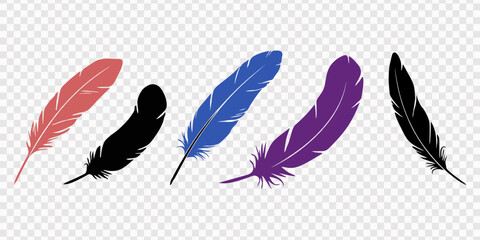 five color feathers in spots isolated on white, 5 different phoenix feather ornament silhouette veo, five colorful feathers are arranged in a row the feathers are blue yellow and red they are placed  © Line pro