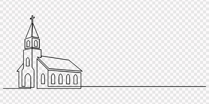 Single continuous line drawing of a small chapel on a hill Minimalist country church landscape in one line art style vector illustration, A minimalist line drawing of a church with a steeple