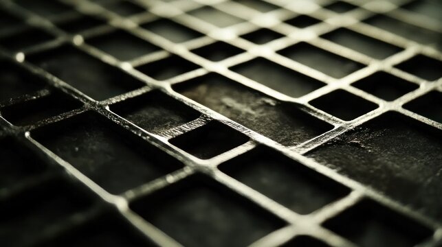 Close-up of a textured metal grate with shadows and highlights