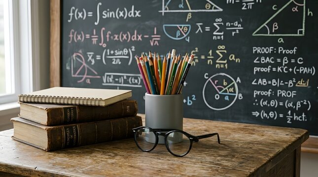 Teacher day appreciation books glasses and blackboard with equations