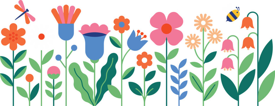 Colorful flat design flower meadow vector illustration featuring geometric spring blossoms garden plants dragonfly and bumblebee for Scandinavian style textile patterns
