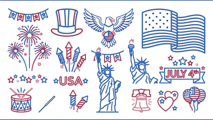 Fototapeta premium USA Independence Day patriotic icons set in neon line style including eagle, flag, and fireworks ideal for Fourth of July marketing and holiday web banners