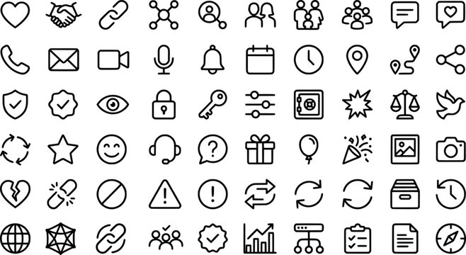 Set of general user interface and communication icons, thin line style