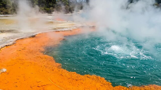 Breathtaking geothermal Champagne Pool with vibrant orange edges and boiling turquoise water, volcanic landscape 4k video. 