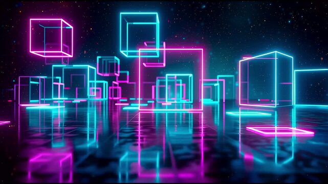 Neon glowing wireframe cubes floating in dark space. 4K Video