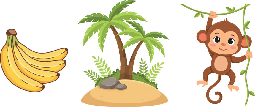 Cute cartoon monkey vector set featuring a bunch of bananas palm trees on a sand island and swinging vine illustrations for kids safari patterns