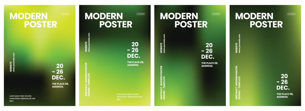 Vibrant green abstract modern poster templates featuring smooth blurred gradients and minimalist typography for professional event marketing design projects