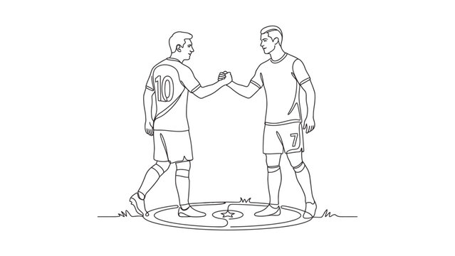 Two professional soccer players shaking hands on the field.