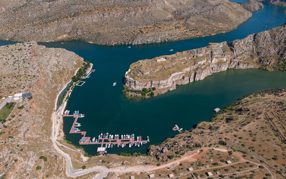 Aerial View of Rumkale Historic Fortress Surrounded by the Euphrates River in Gaziantep, Turkey