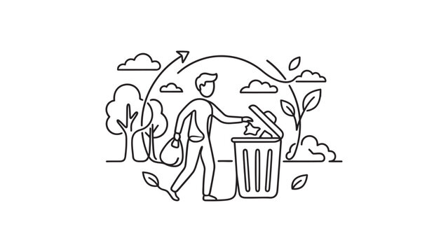 A line art illustration of a person disposing of trash in a bin outdoors.