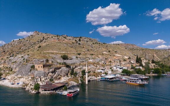 Aerial View of Rumkale Historic Fortress Surrounded by the Euphrates River in Gaziantep, Turkey