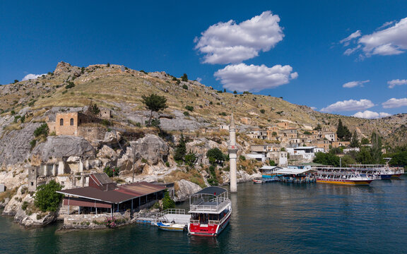 Aerial View of Rumkale Historic Fortress Surrounded by the Euphrates River in Gaziantep, Turkey