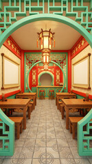 Obraz premium Traditional Chinese restaurant interior with decorative archways wooden furniture and ornate lanterns