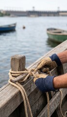 Fototapeta premium Gloved hands tying rope knot on wooden dock by the water