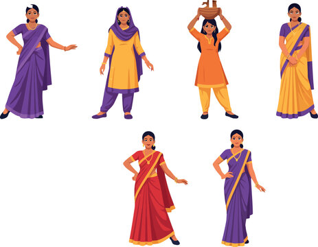 Indian women vector characters wearing traditional attire like saree and salwar kameez for cultural festival greeting cards and ethnic clothing brand designs